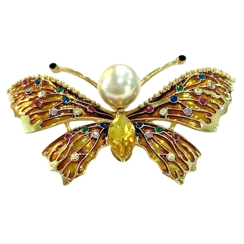 Gold butterfly brooch textured enamel & multi color rhinestones art to wear pin